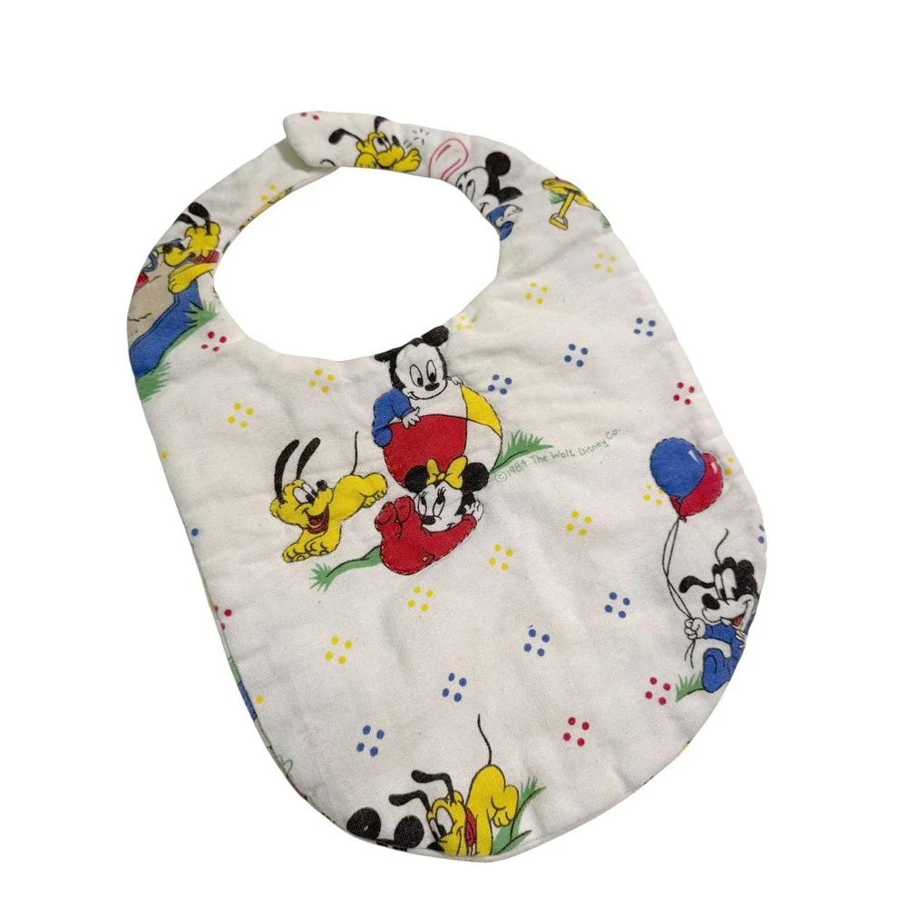 Vintage 1984 Disney Baby Quilted Bib White Mickey Minnie Pluto Goofy Print Retro